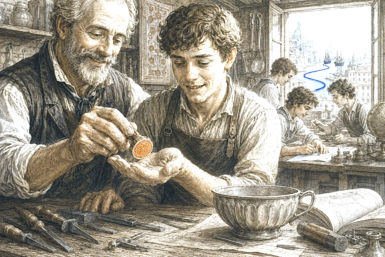 A master passes an orange spark to an apprentice in a workshop