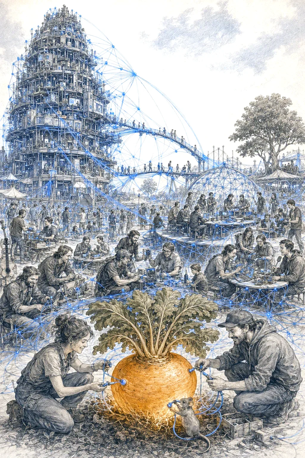 A tower of people and connections; at its foot, participants grow a giant turnip together